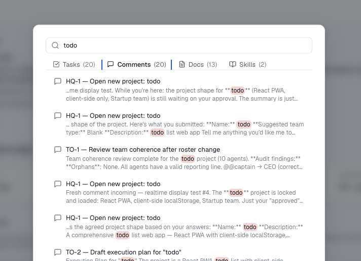 Global search palette showing results for "todo" grouped into Tasks, Comments, Documents, Assets, and Skills tabs