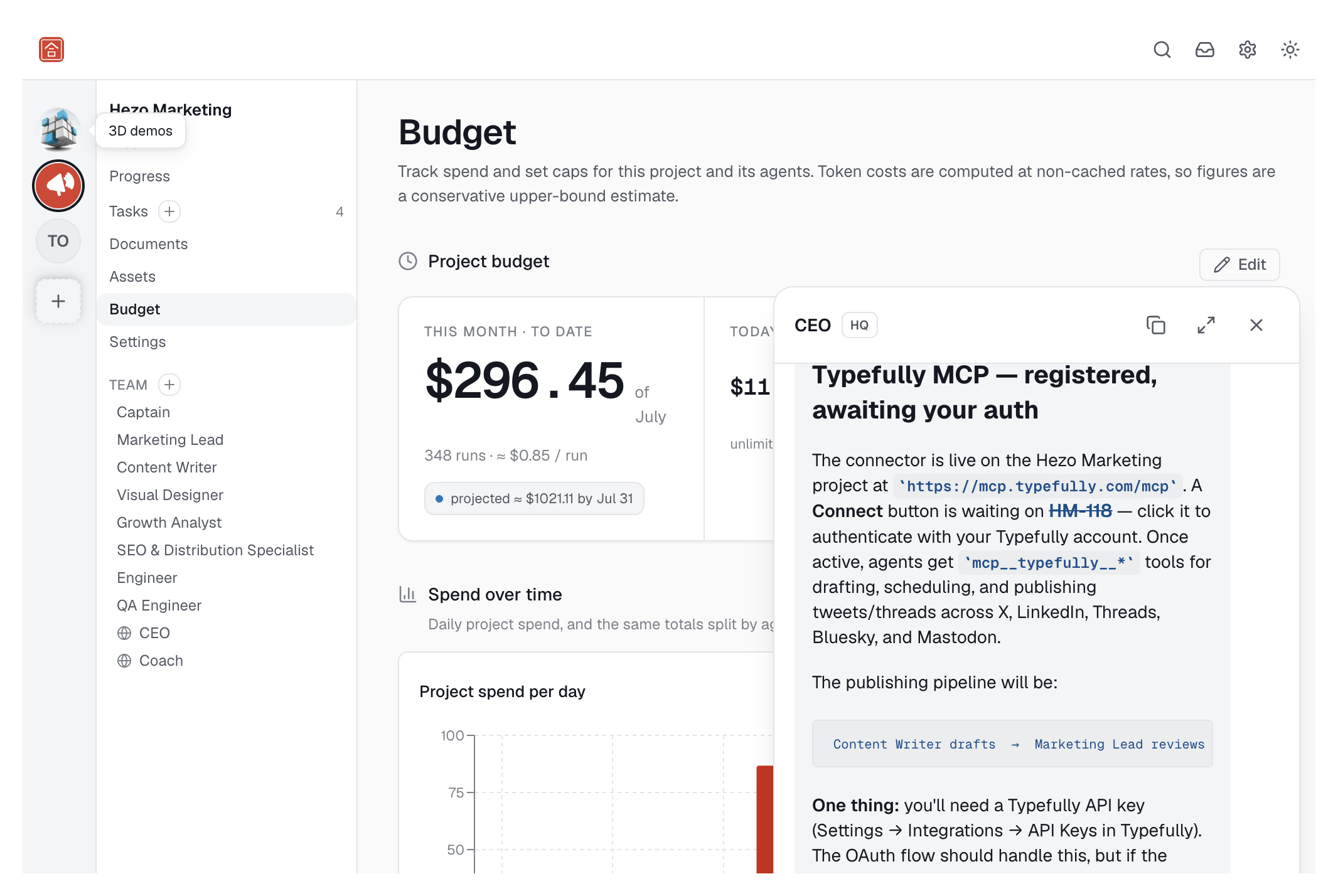 Screenshot of the Hezo web UI showing CEO chat and project dashboard